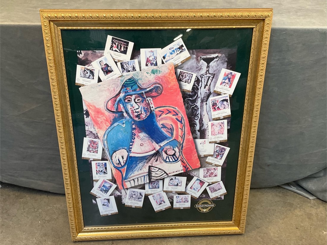Picasso Wine Label Print: 21st century Picasso framed wine label collage print. Good condition. Measures 25.25 inches wide x 1.5 x 31.25 inches tall.
