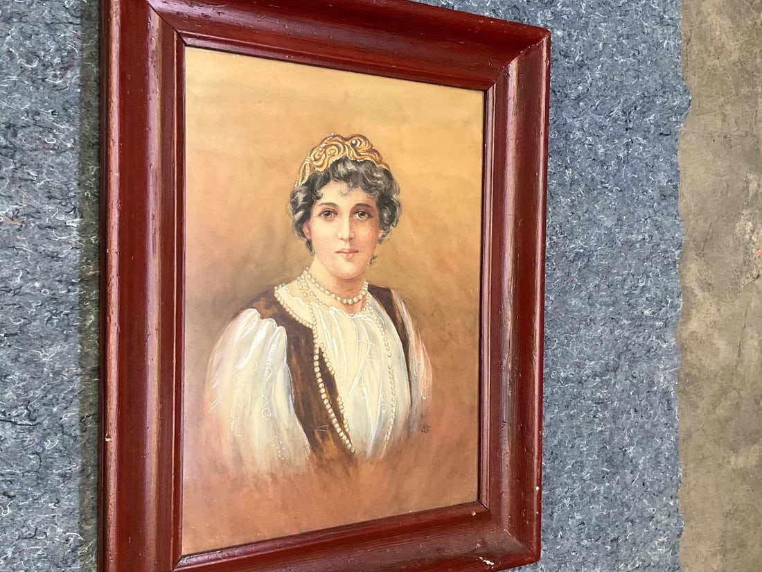 Victorian Art: One late 19th - early 20th century watercolor/gouache portrait of a woman in period frame. Signed CB. Good condition. Watercolor measures 21 inches wide x 1.25 x 25.75 inches tall.