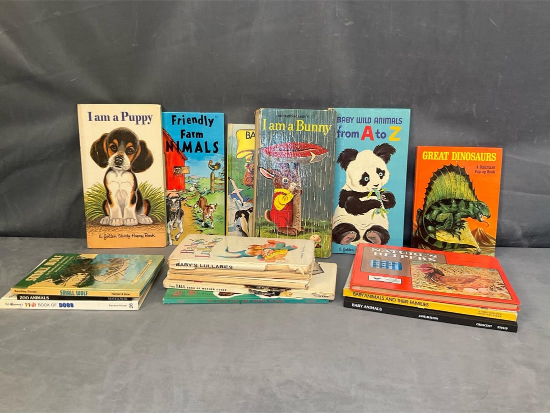 Children's Animal Books: Lot of seventeen vintage 1960's - 1970's children's books. Titles include, “Baby Animals “, “I am a Puppy”, “The Tall Book of Mother Goose”, and “ Small Wolf”. Four books