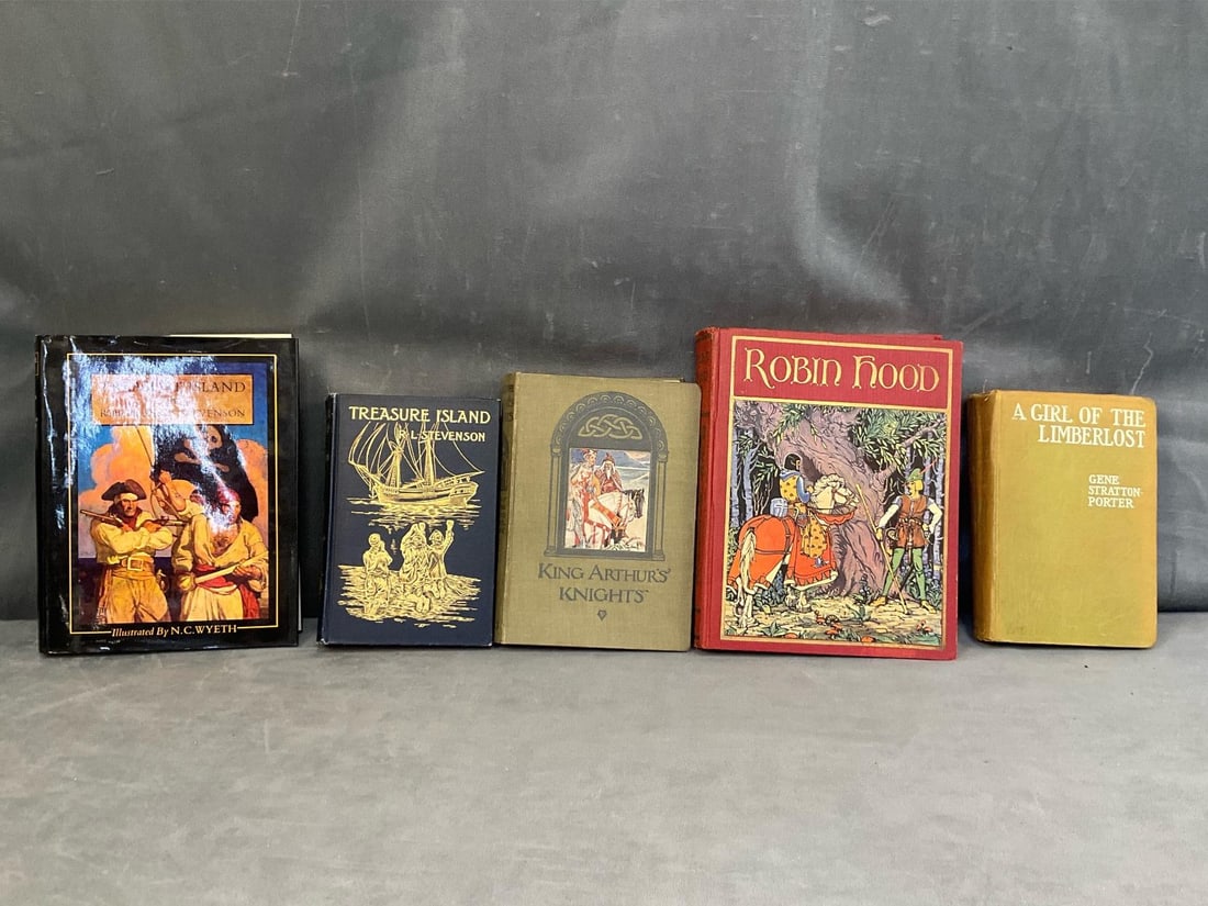 Vintage Children's Books: Lot of five vintage collectible early twentieth century illustrated children's books. One “Treasure Island” by Robert Louis Stevenson reprint of the 1911 Scribners edition with illustrations