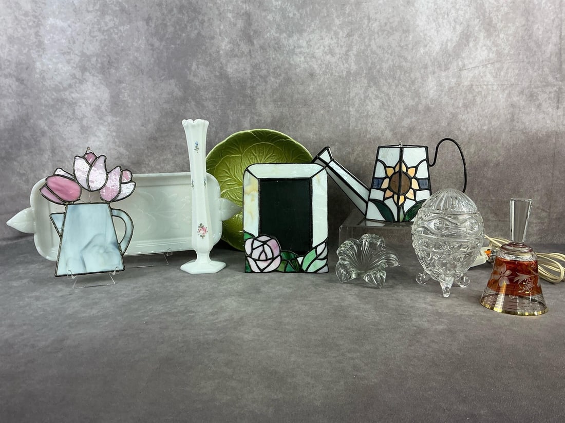 Milk glass, Cabbageware, & More: Milk glass server and skinny vase, cabbageware bowl, modern stained glass frame, modern stain glass pitcher lamp, and more. All in fair to good condition, with some minor chips and discoloration to