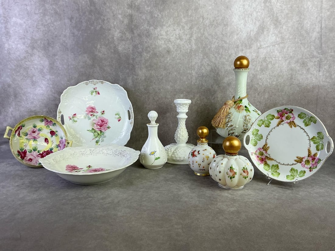 Milk Glass & More: Fenton milk glass taper candle holder, handpainted perfume bottles, handpainted decanter, and more. All in fair to good condition with hair line fracture on server dish and some paint loss