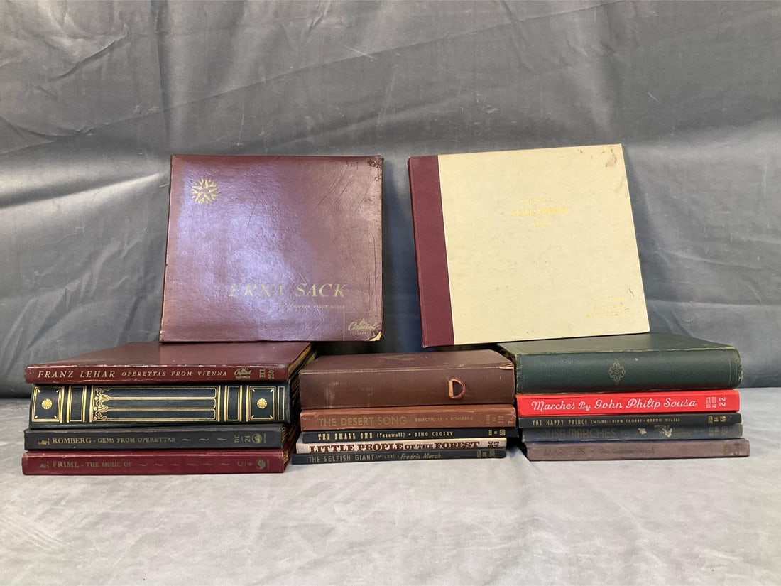 78 RPM Records: Lot of sixteen early 20th century 78 RPM record sets. Titles include “Desert Song”, “Sousa Marches”, and “Romberg - Gems From Operettas”. Used condition. Largest album set