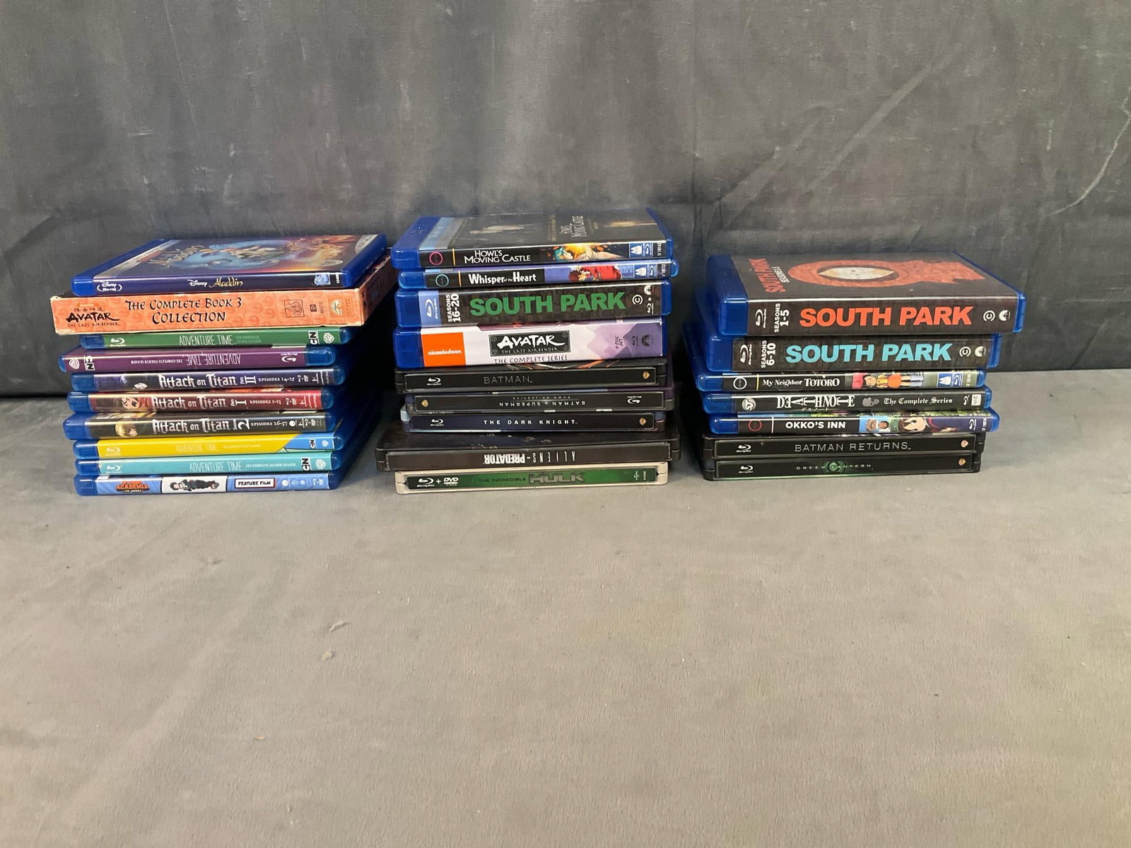 Blu-Ray Discs: A lot of approximately twenty six Blu-Ray Discs. Some discs include “South Park” Seasons 1-20, “Attack on Titan” Episodes 1-37, “Aladdin”, and “Batman Returns “. Good
