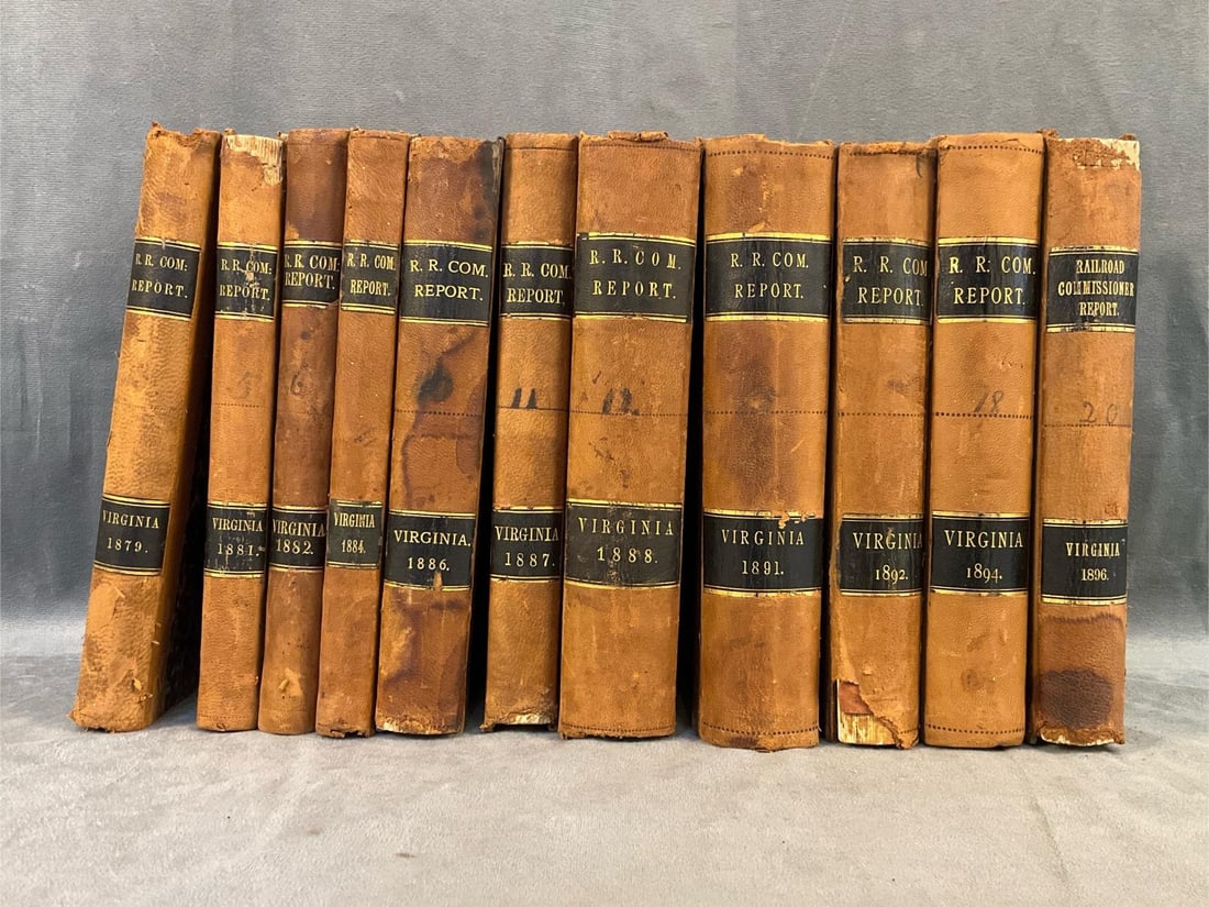 Virginia Railroad Report: Lot of eleven circa 1870's - 1890's "Annual Report of the State of Virginia". Richmond: J.W. Randolph & English, 1879. Three quarter-leather with marbled boards. Each volume details the history and