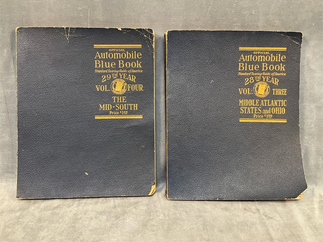 Auto Tour Books: One 1928 and one 1929 Automobile Blue Book Touring Guide for the mid-south and one for the middle Atlantic states and Ohio. Used condition. Measures 7.5 inches wide x 9.5 inches tall.