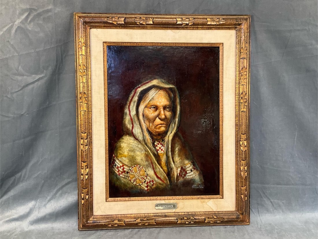 American Indian Painting: 1977 oil on board painting of "The Matriarch " by Harry de Keulelaere (Prescott, Arizona) with professional gallery framing with linen liner and gilded fillet. Some water stains to liner, otherwise