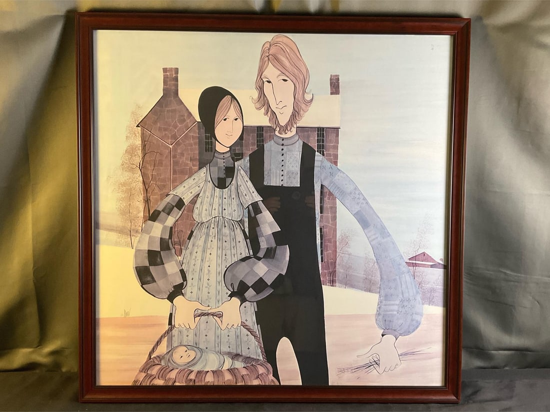 P. Buckley Moss Print: Issued 1981 "John and Mary" Pat Buckley Moss print. Signed and numbered 13/1000. Gallery framed. Good condition. Measures 38.75 x 1.25 x 38.75 inches tall.