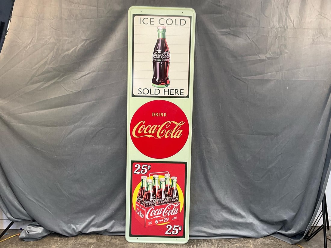 Coke Advertising Sign: 1950's Coca-Cola metal/tin advertising sign/"privilege panel" manufactured by Allen - Morrison, Lynchburg, Virginia. "New old stock" with two reproduction upper and lower decals and an original