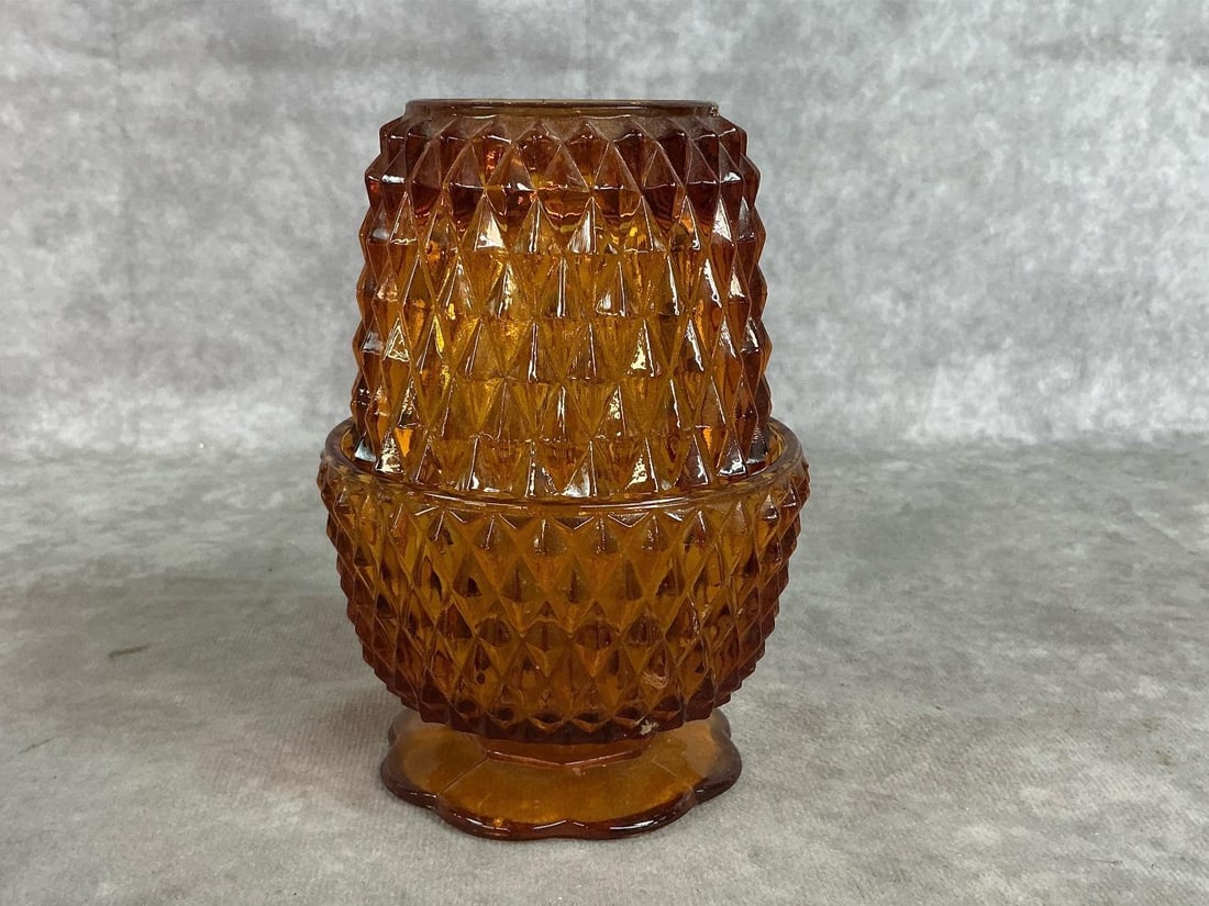 Amber Fairy Lamp: Vintage Indiana Glass tea light candle holder. Two piece amber glass with diamond pattern. Measures 3.75 inches in diameter x 5.5 inches tall.