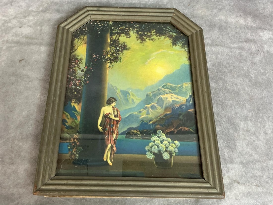 Sunrise Lithograph: Early 1900's lithograph print. Art Deco era print by Robert Atkinson Fox titled "Sunrise ". Cardboard backing loose, otherwise in good condition. Measures 11 inches wide x 1 x 14 inches tall.