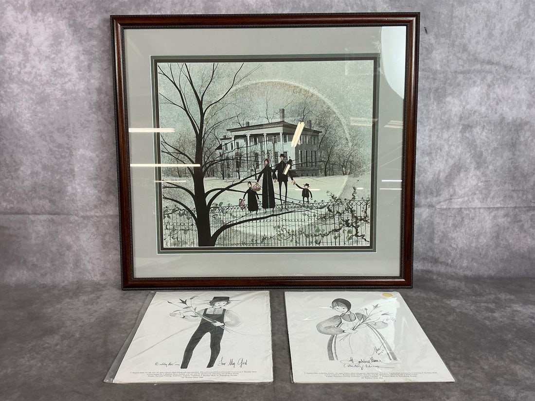 P Buckley Moss Art: 1990-2006 lithograph prints. Framed and matted P Buckley Moss print 65/1000 of "The Kinsman House ". Includes a certificate of authenticity. Also included are two offset lithographs titled "For My