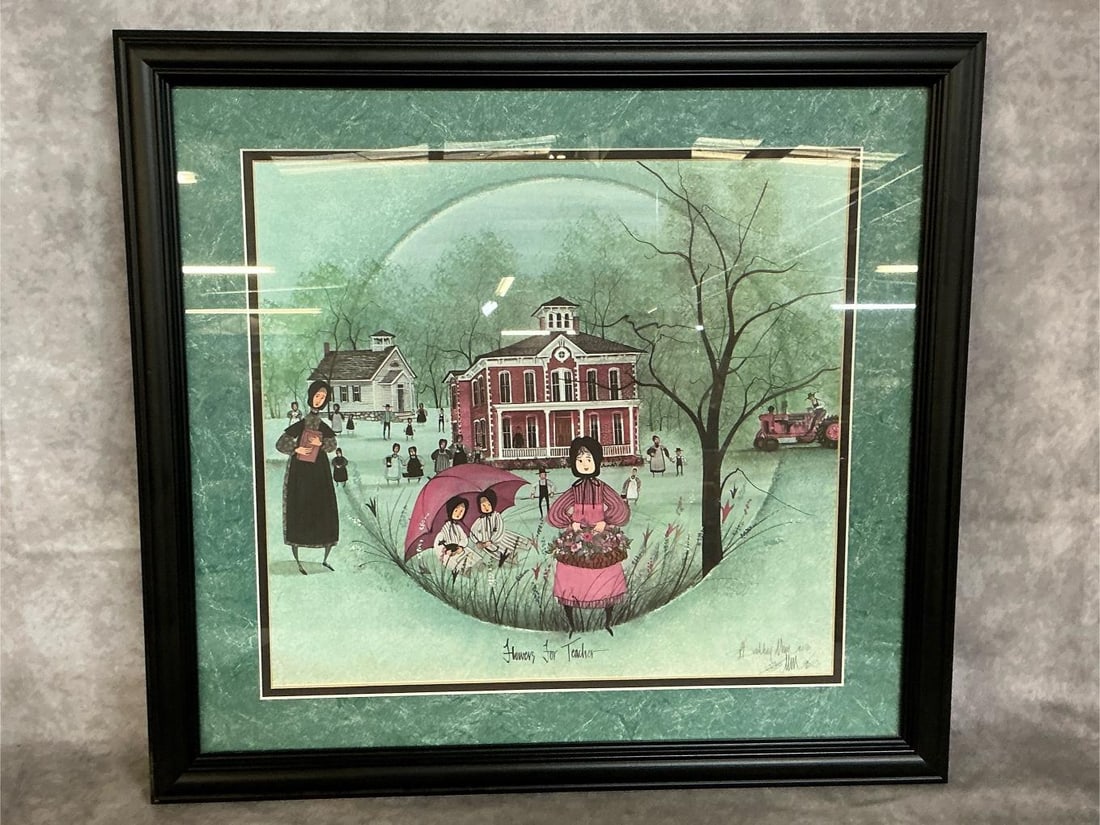 P Buckley Moss "Flowers for Teachers": 1992 framed and matted P Buckley Moss lithograph. "Flowers for Teacher" 537/1000 print includes certificate of authenticity. In good condition. Measures 20 inches wide x 1 x 19 inches tall.