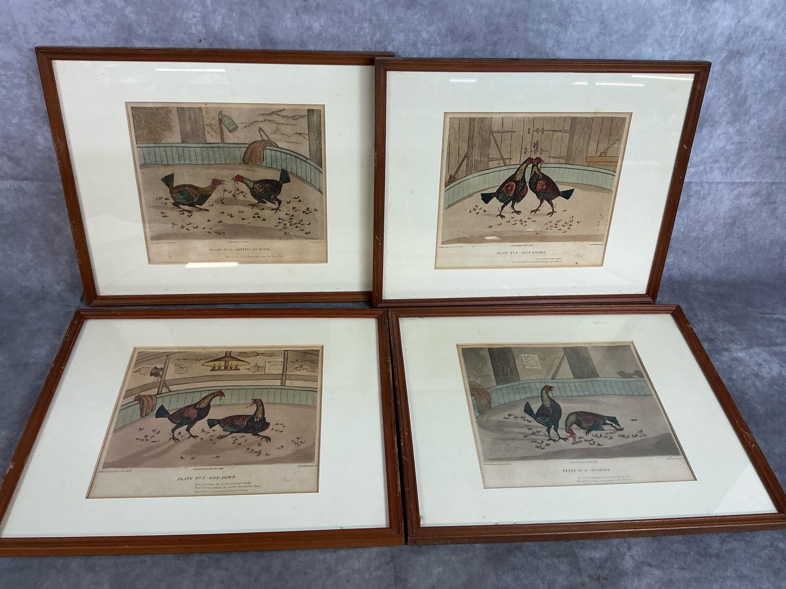 Cockfight Series Prints: Four vintage prints of cockfights. Hand colored aquatint etchings by C R Stock, published in London. In good condition. Each measures 14.75 inches wide x .75 x 12 inches tall.