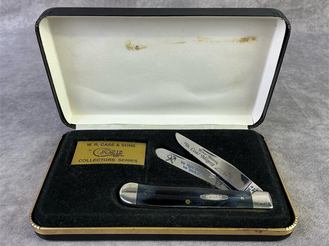 Case XX Knife: 1992 Case XX knife commemorating Miners of Virginia. Trapper two blade, patterned BK254 with tight snap and original display case. Numbered 045. Box measures 7 inches wide x 4.25 inches tall.