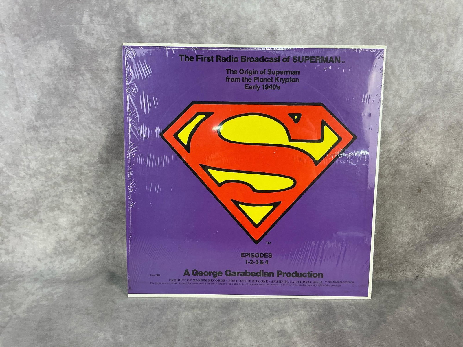 Superman Vinyl: 1978 The first Broadcast of Superman vinyl, including episodes 1 through 4. In good condition with original sleeve. Measures 12.5 inches wide x 12.25 inches tall.
