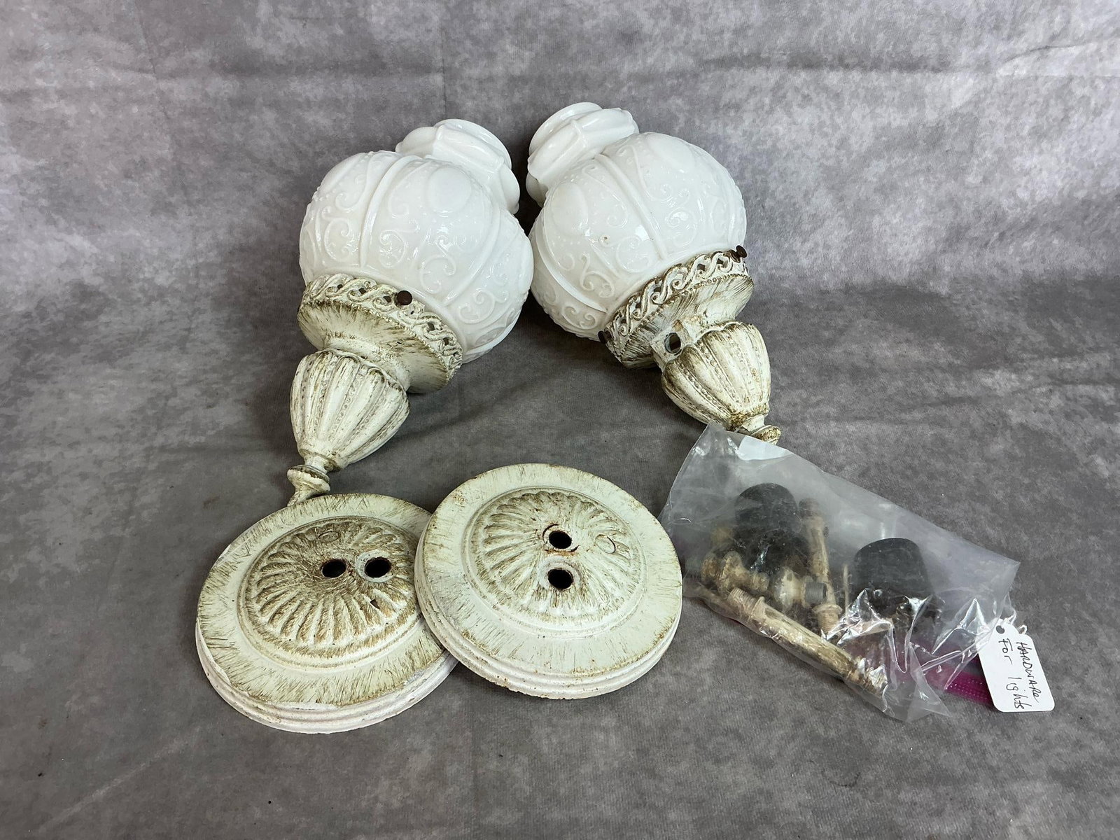 Victorian Vanity Lights: Two mid 1900's Art Deco lights with hardware made by Artolier Corporation. Milk glass shades in metal sconces with electric hardware and parts included. Each lamp measures 5 inches in diameter x 10