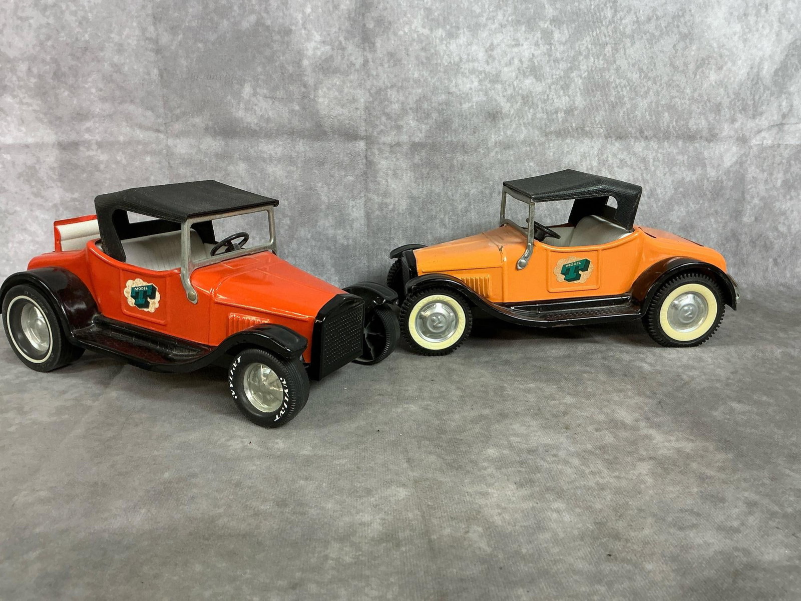 Nylint Model T Roadsters: Two mid 1900's Nylint toy cars. Pressed steel Model T Roadsters with rumble seats. In good condition. Measure 10 inches long x 5 x 5 inches tall.