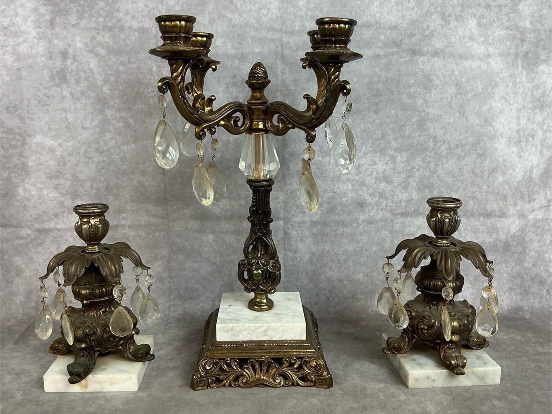 French Rococo Candelabra with Matching Candle Holders: Three mid 1900's brass with marble base candle holders. Candelabra has four arms and all have detailed scrollwork. In good condition. Candelabra measures 8.25 inches wide at top x 6 x 15.5 inches