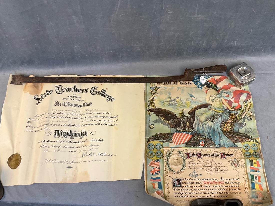 Diploma & WWI Award: Lot of two early twentieth century ephemera. State Teachers College at Radford 1925 Diploma for Margaret Lucille Harper. Creased and water stained. One WWI Service Award Certificate to Joe S. Harper