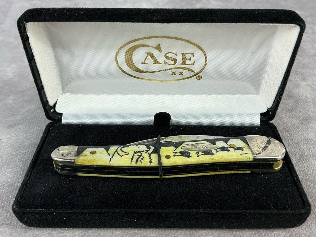 David Yellowhorse Case XX Knife: David Yellowhorse Case XX knife. Whittler three blade, patterned 6355whss, with tight snap and original box. Box measures 4.5 inches wide x 2.25 inches tall.