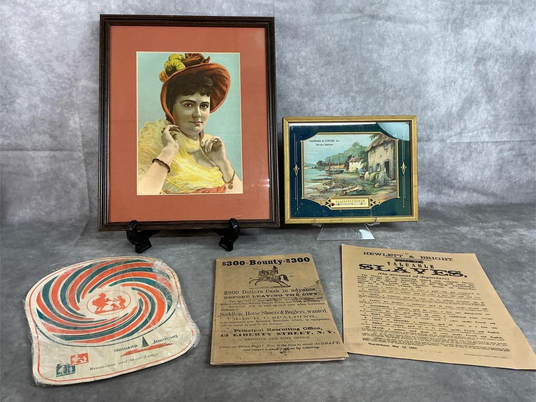 Pictures & Reproduced Signs: Nineteen mid 1900's framed pictures and copied signs. Connor's & Foster Service Stations thermometer in country coast scene, and extra large Victorian Trade card framed. Includes Howard Johnson paper