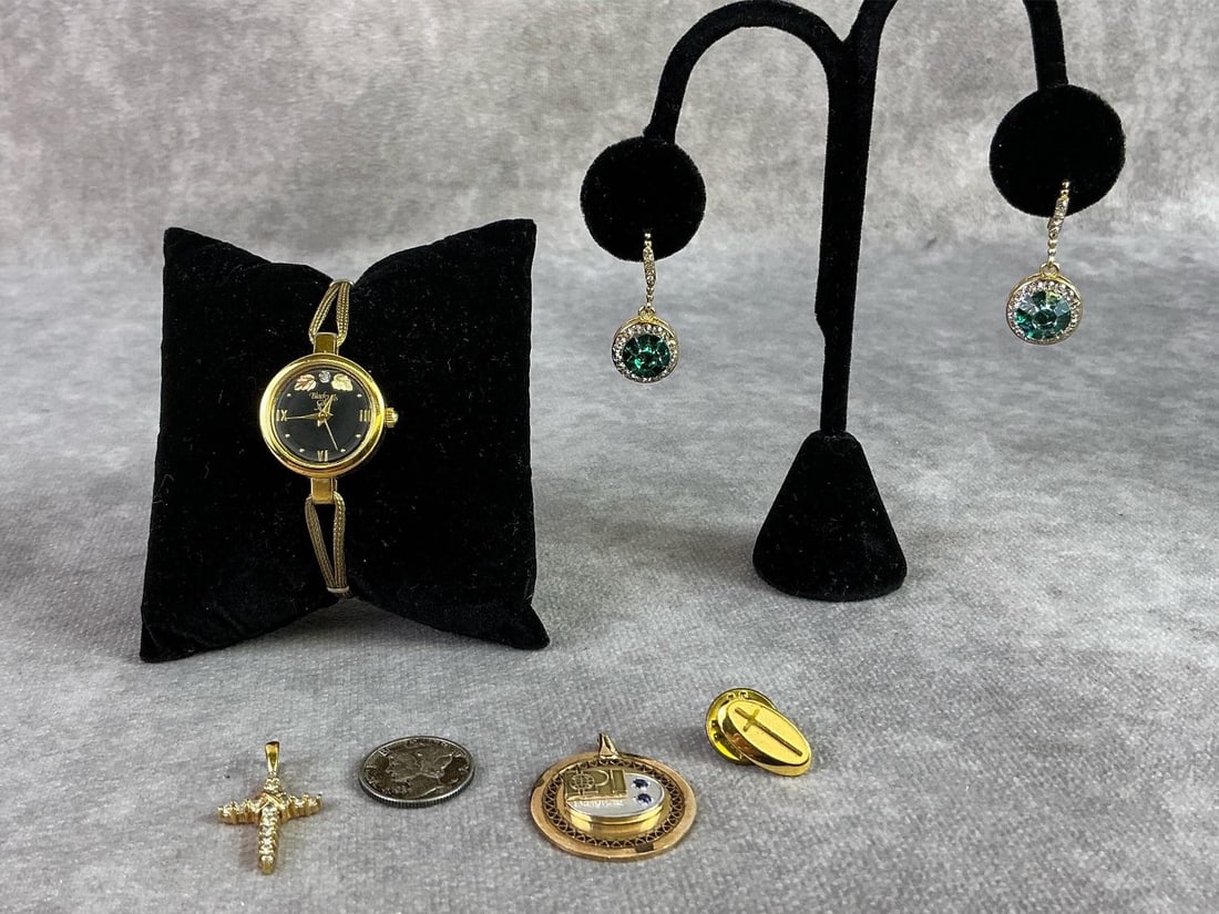 Sterling, Gold filled, & More: Landstorm black hills gold ladies wristwatch, gold tone Sterling silver cross pendant, 1917 mercury dime, and more. All in good condition, Sterling stamped. Total weight of Sterling 0.13 ozt.