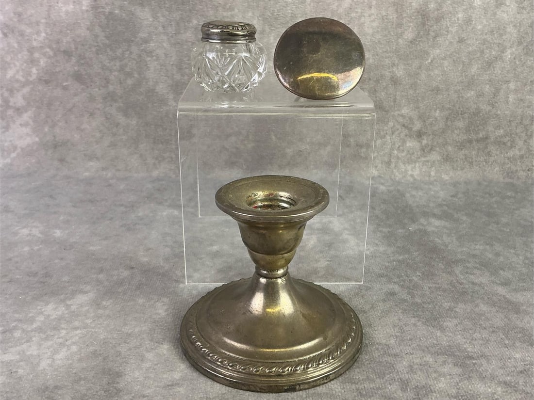 Sterling Silver Finds: Sterling silver finds including candle holder, Israel made ring, and salt cellar. All in good condition with oxidation present and stamped. Candle holder is weighted. Total weight 7.71 ozt.