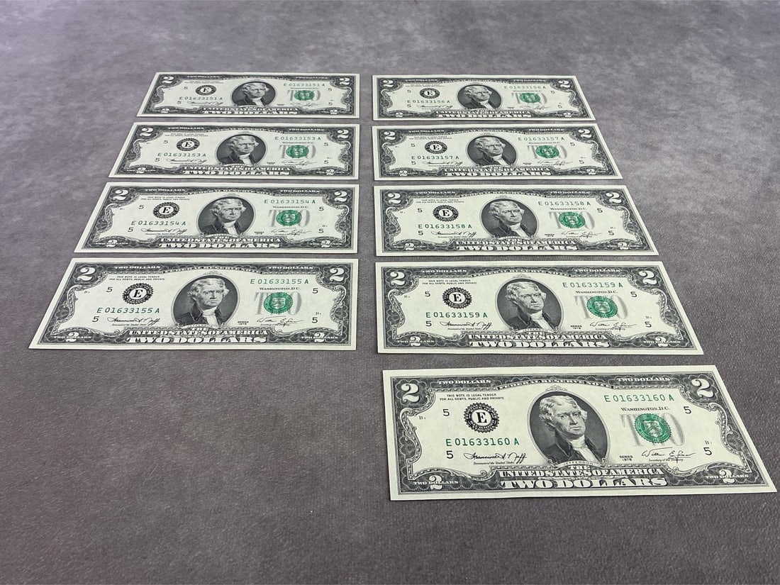 Jefferson Two Dollar Bills: Lot of nine Thomas Jefferson two dollar bills running in sequential serial numbers. All in good condition and appears to be uncirculated. Each bill measures 6.15 inches wide x 2.65 inches tall.