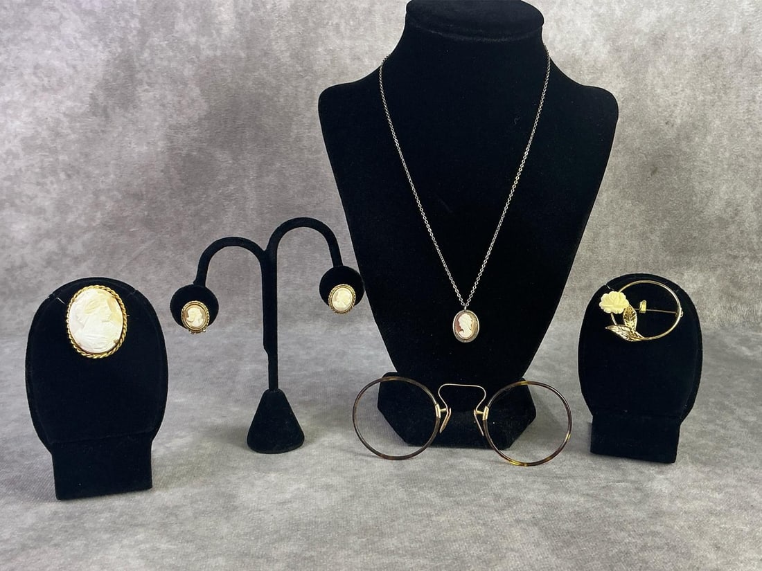 Cameo Finds & More: Cameo necklace, brooch, earrings, additional rose brooch and antique glasses. Gold tone items scratched tested at 10kt yet unmarked and silver scratch tested also unmarked. Total weight on gold tone i