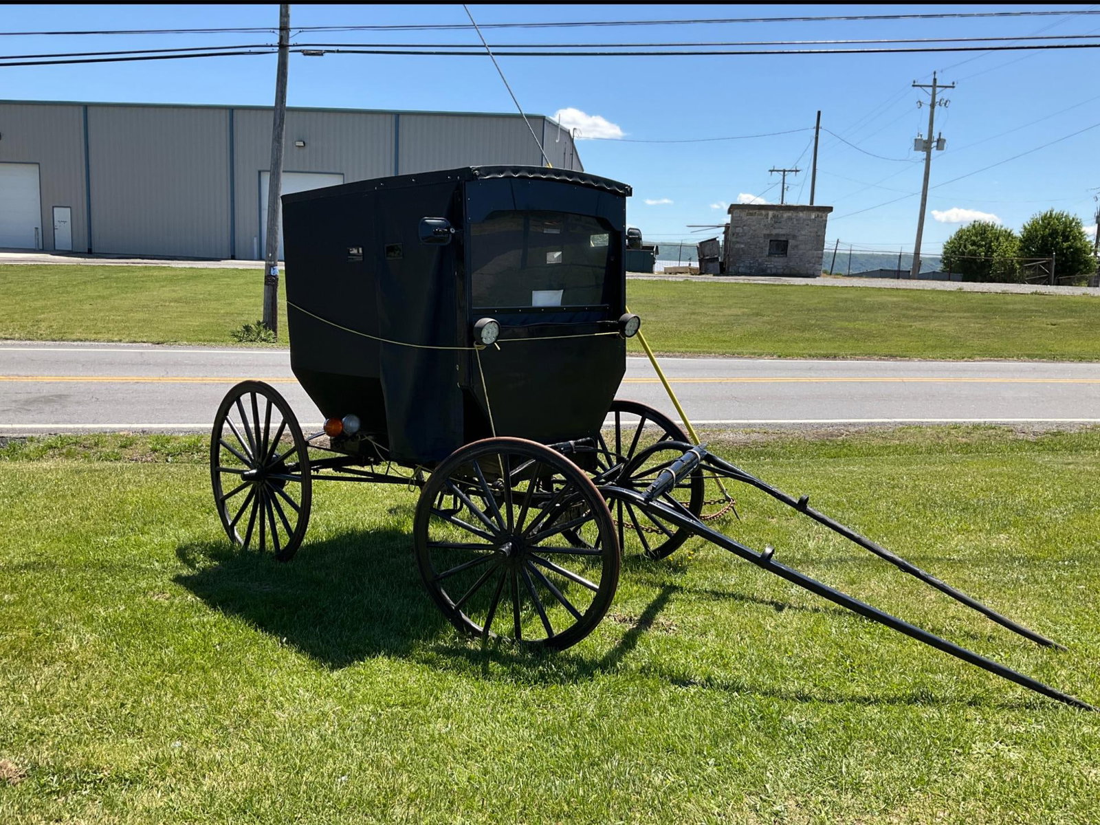 Amish Buggy (Miller & Yoder): Late 20th century Miller & Yoder Amish Buggy. Velvet lined seating, taillights, LED headlights, and rear storage area. Some areas of chipping paint, small crack to plexiglass windshield, otherwise