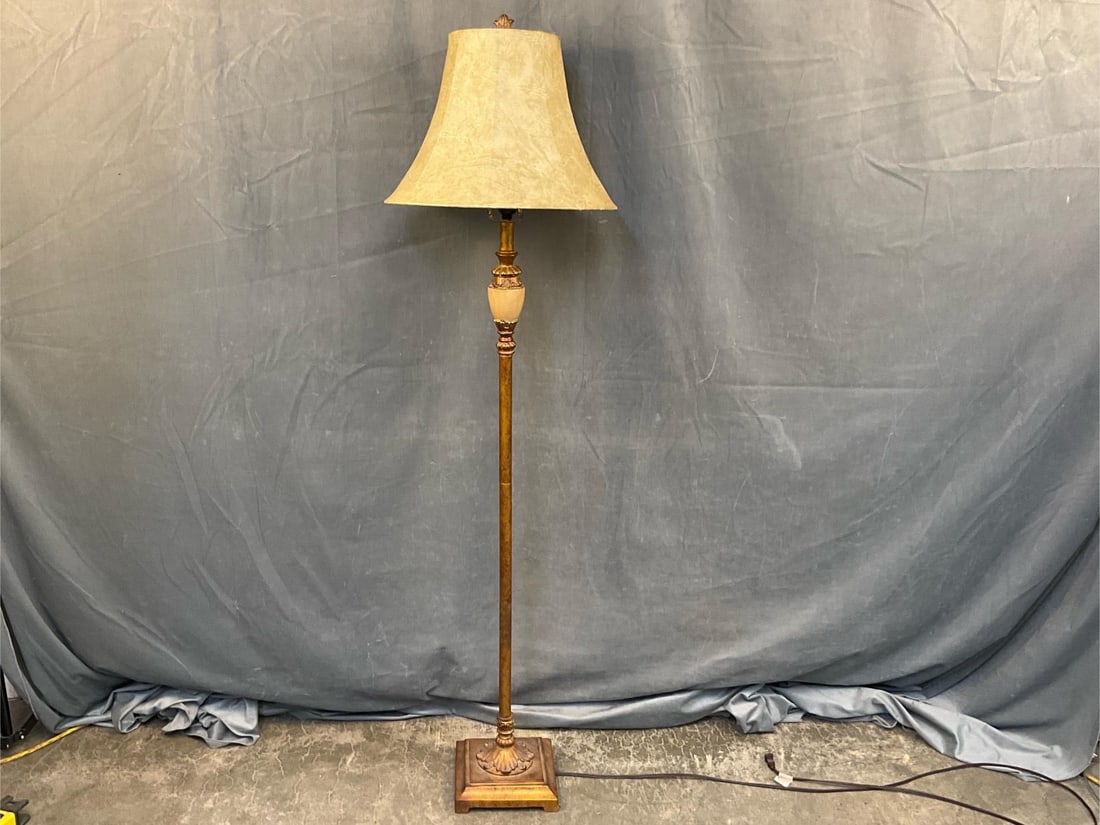 Floor Lamp: Contemporary decorative floor lamp. Bent harp, otherwise tested and working condition. Measures 16.5 inches wide x 16.5 x 61.5 inches tall.