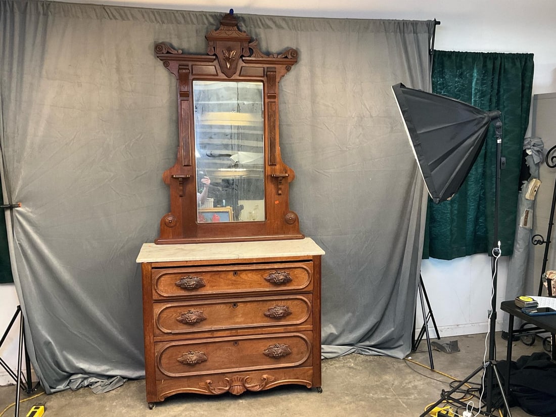 Eastlake Chest With Mirror: Late 19th - early 20th century Eastlake walnut three drawer chest with mirror and two original working keys. Some discoloration to mirror and missing molding to upper mirror, otherwise good