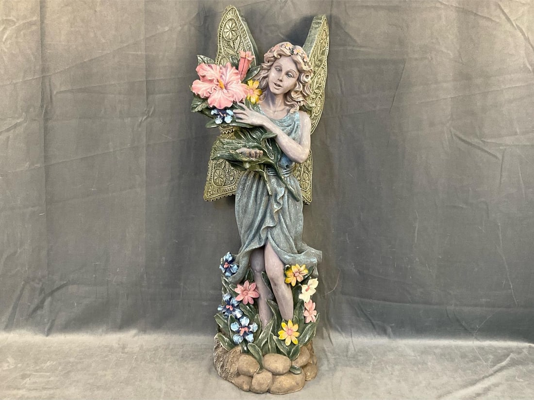 "Garden Fairy" Sculpture: Modern "Garden Fairy" garden sculpture. Good condition. Measures 11 inches wide x 15 x 34.25 inches tall.