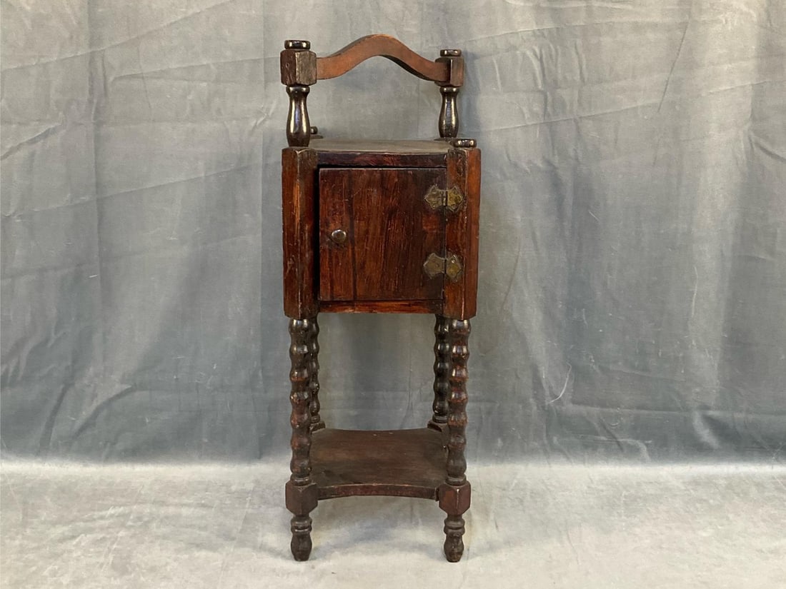 Smoking Stand: Mid - 20th century wooden smoking stand with shelf and cabinet. Good condition. Measures 10.5 inches wide x 10 x 28 inches tall.