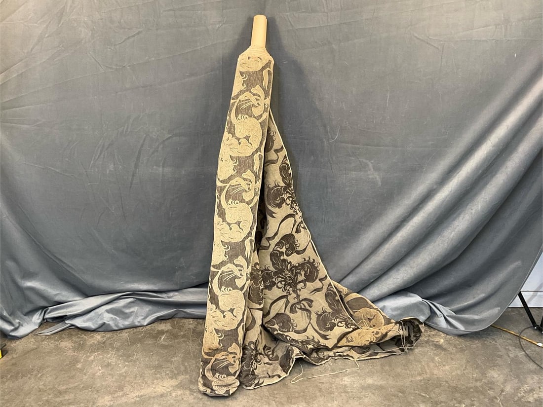 Fabric Bolt: Late 20th century fabric bolt. Water damage to edges, stains. Not unrolled. Measures 51 inches wide.