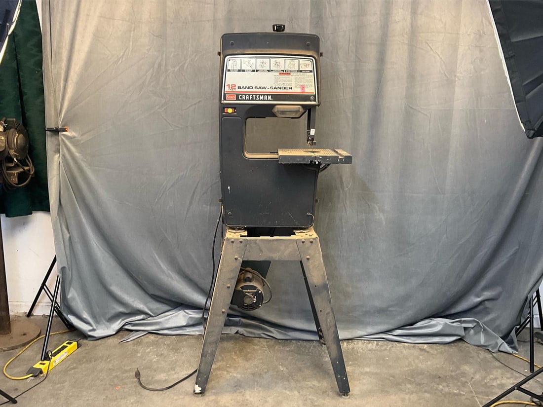 Band - Saw Sander: Late 1990's - early 2000 Sears Craftsman 12 Inch Band Saw - Sander. Powers on, appears to function. Blade needs readjustment. Measures 28 inches wide x 23 x 65.5 inches tall.