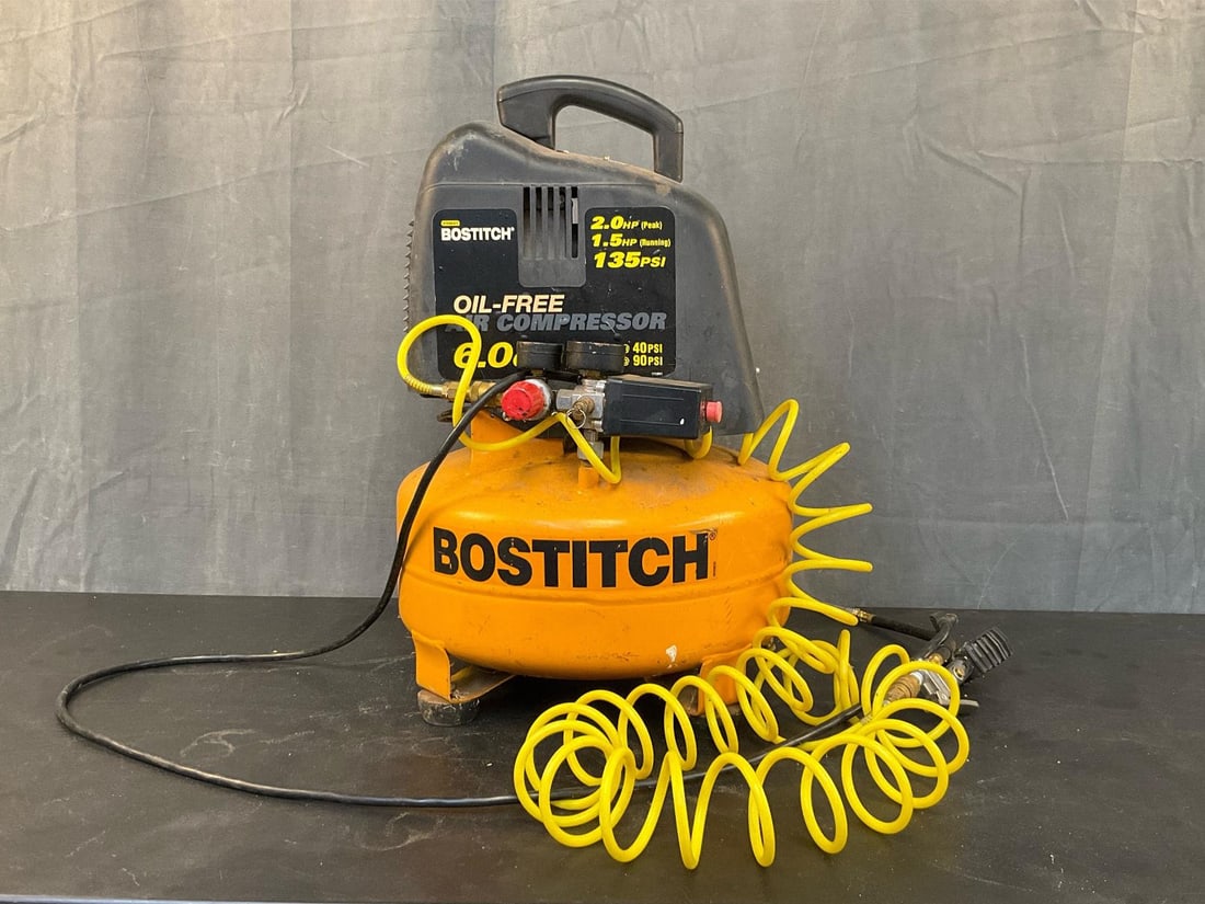 Air Compressor: Early 2008 Stanley Bostitch 135 PSI Oil-Free 6 Gallon Air Compressor. Tested, appears to function. Measures 16 inches wide x 16 x 24 inches tall.