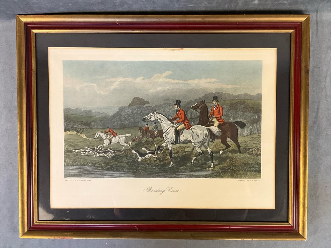 Hunt Print: Late 20th century "Breaking Cover" British fox hunting reproduction coloured print. Originally painted by J.F. Herring. Scratches to frame, otherwise good condition. Measures 26.75 inches wide x 1 x