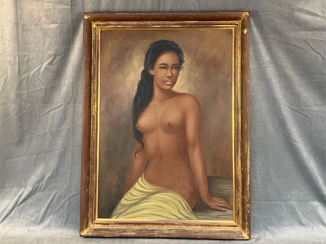 Nude Portrait Painting: Mid - 20th century oil on canvas portrait of a woman. Illegible signature. Distressed frame, otherwise good condition. Measures 30.25 inches wide x 1.75 x 40.75 inches tall.