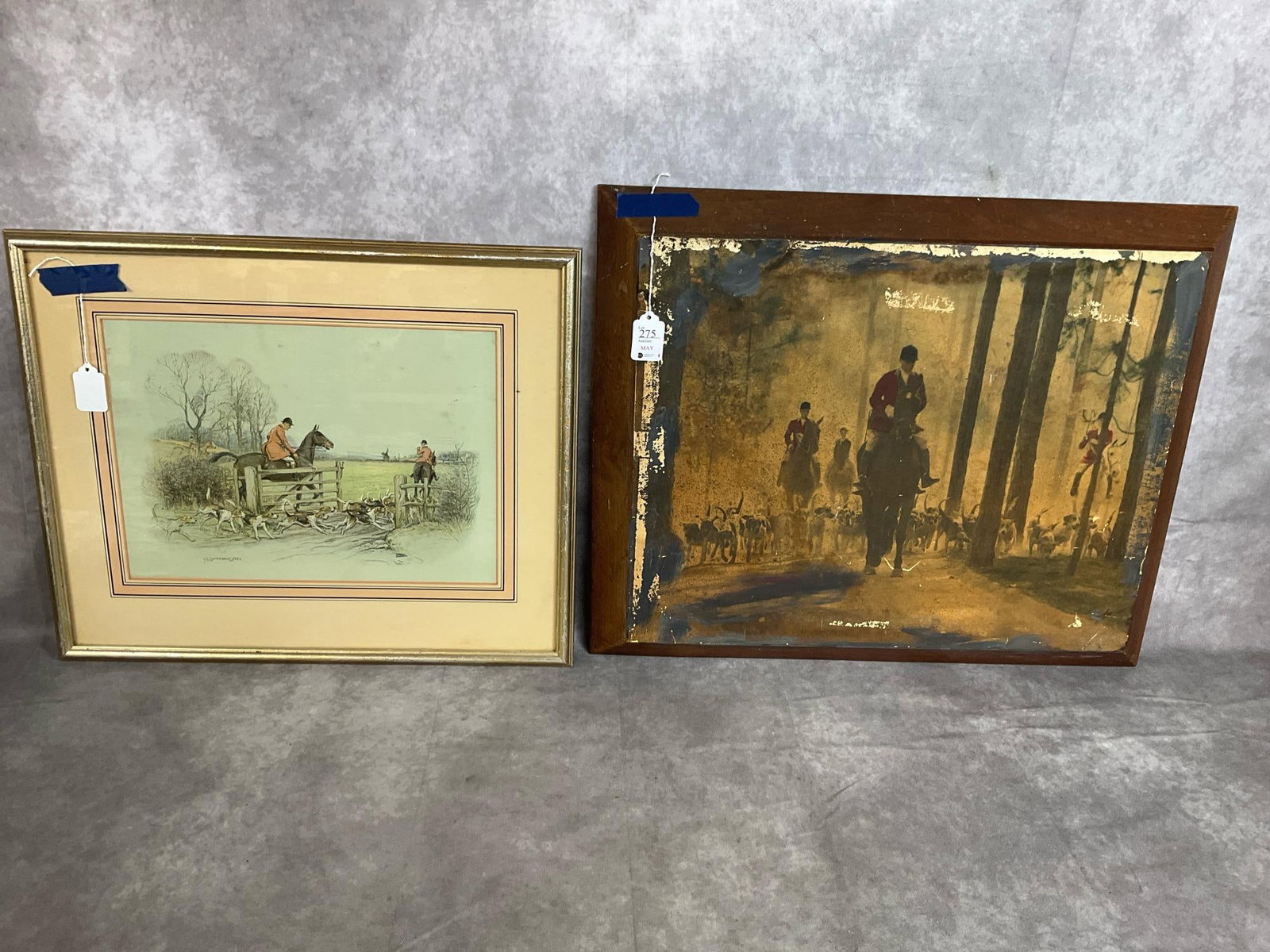 Fox Hunting Art: Lot of two mid-20th century fox hunting pictures. One framed and matted print signed "Wells" with rubbed frame. One walnut framed painted photo/print on Masonite board with paint loss. Painted