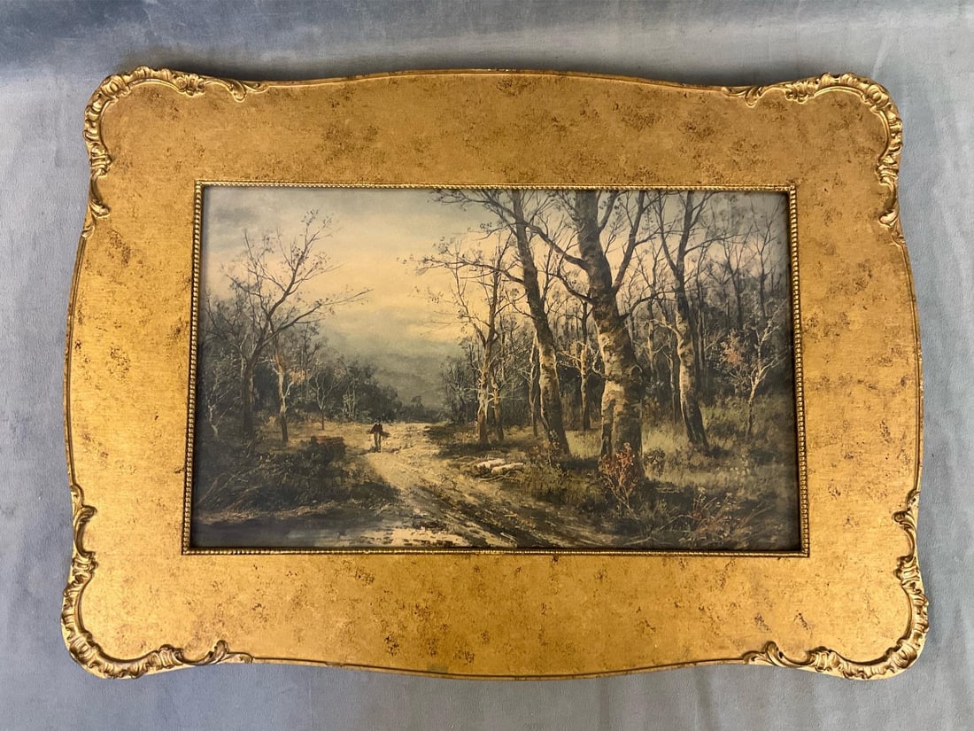 Victorian Bucolic Print: Circa 1900 print signed "Lambert" in period frame. Good condition. Measures 23.5 inches wide x .25 x 17 inches tall.