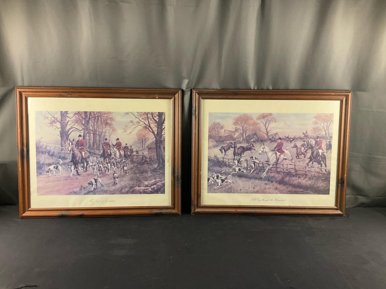 Pair of Hunt Prints: Pair of late twentieth century framed fox hunting prints. One titled "The Pink of Condition" and one titled "Full Cry through the Homestead". Scratches to frame, good condition. Measures 31.5 inches