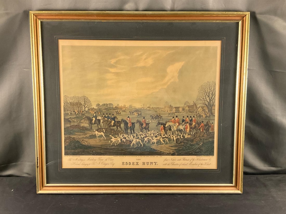 Hunt print: 19th century British hunt print of "The Death", titled ""The Essex Hunt". Hand colored 1831 by D. Wolstenholme, London. Some wear to frame, slight discoloration to print, otherwise good condition.
