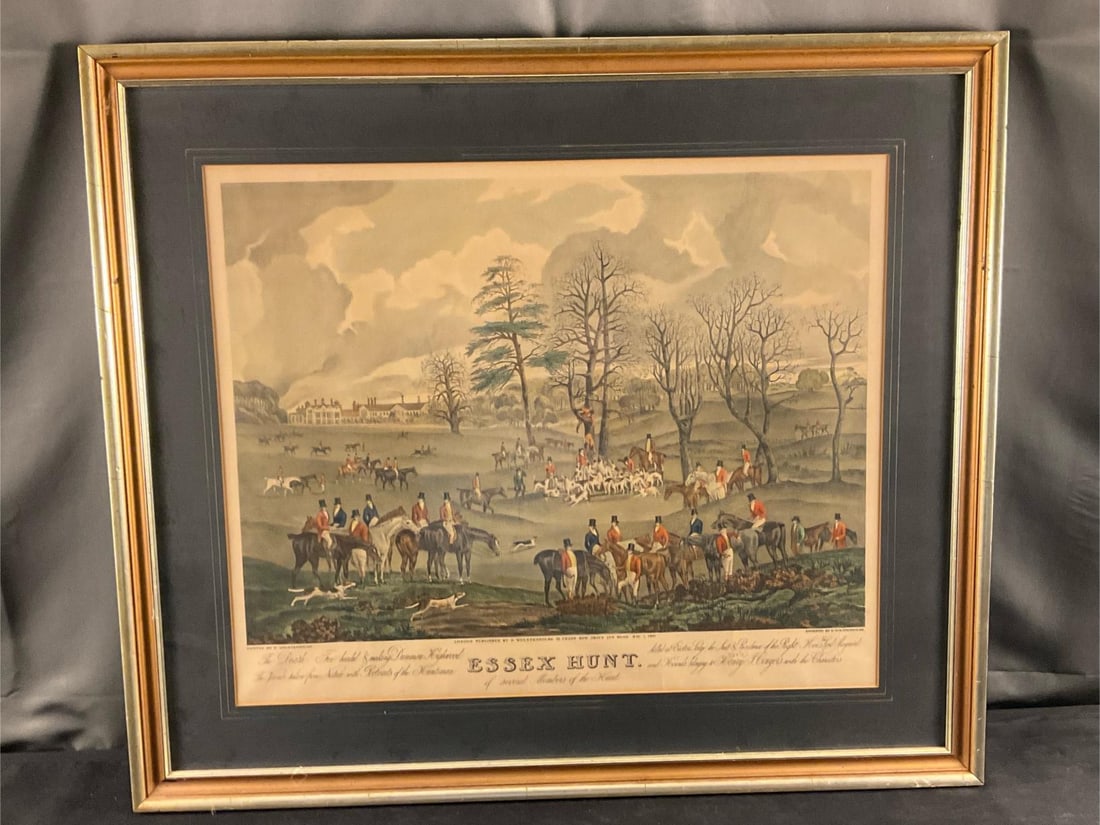 Hunt Print: 19th century British hunt print titled "The Essex Hunt". Hand colored 1831 by D. Wolstenholme, London. Some wear to frame, slight discoloration to print, otherwise good condition. Measures 35.5