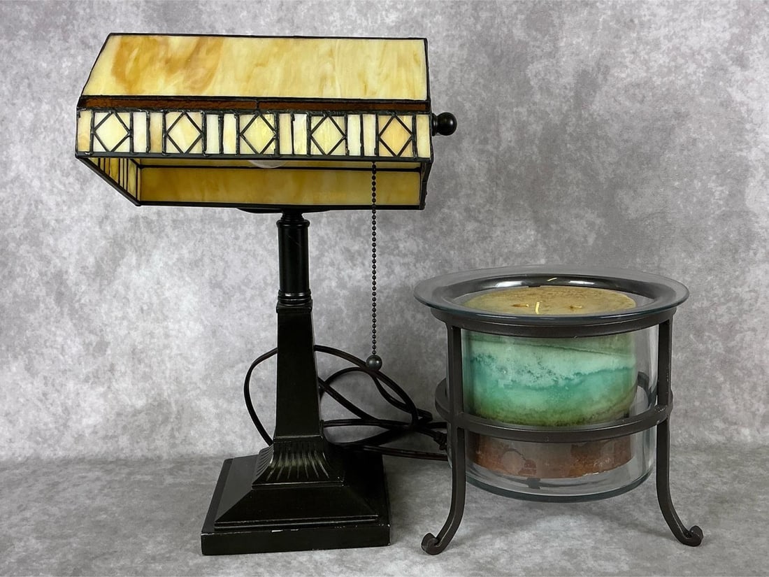 Desk Lamp & Candle Holder: Modern stained glass desk lamp with a swivel neck and an adjustable shade. Wrought iron candle holder with glass insert. Lamp is tested and working, some scuffs to base. Lamp measures 8.75 inches