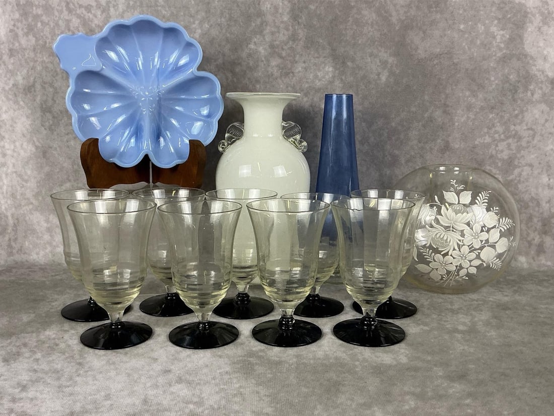 Art Deco Glasses & More: Art Deco matching set of nine hand blown ribbed glasses with black bases. Jeannette Delphite blue candy dish, hand painted Victorian blown glass vase, and two more vintage vases. White vase measures