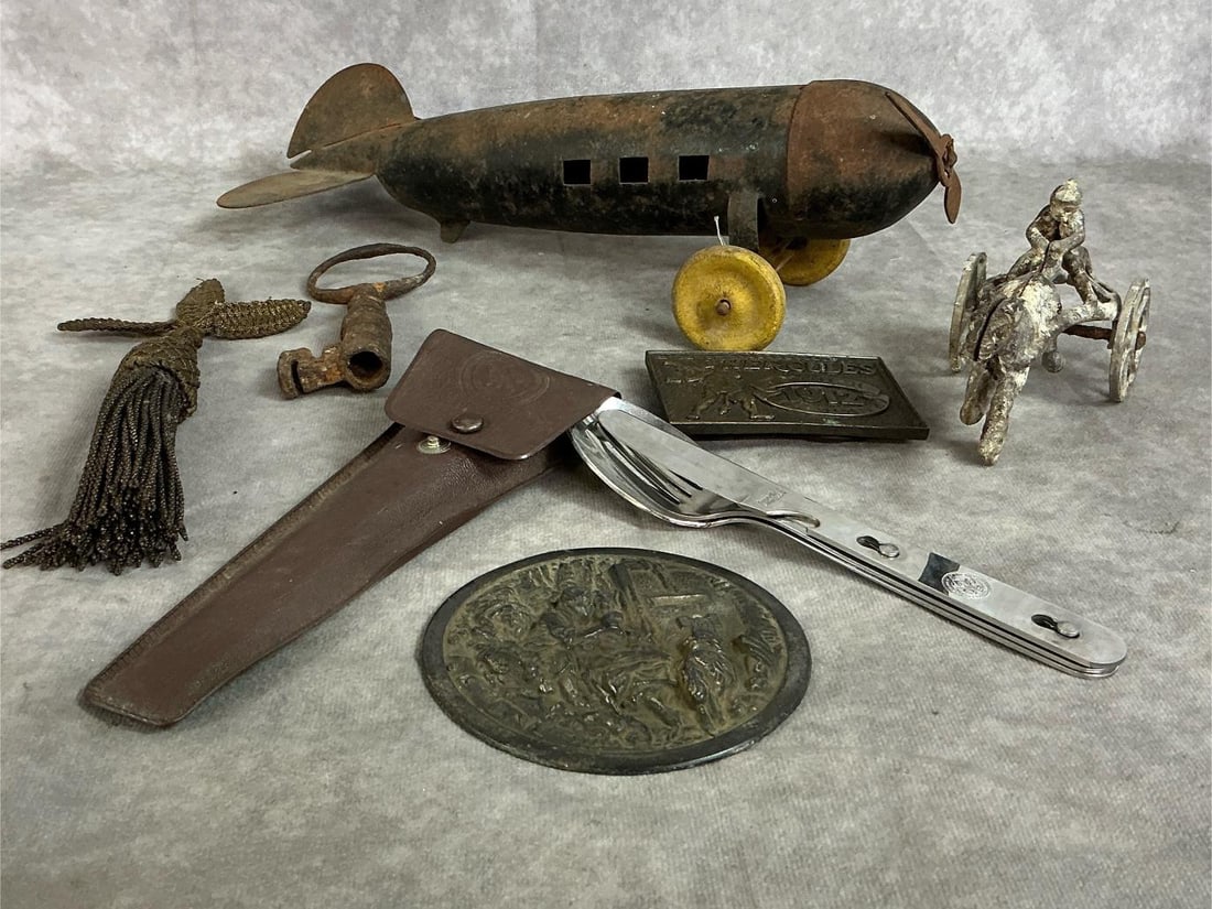 Vintage Toys, BSA Cutlery, and More: Seven early to mid 1900's collectibles. Wyandotte pressed steel plane, toy metal horse and jockey, and Boy Scouts knife, fork, and spoon set with pouch. Includes Hercules Powder belt buckle, large