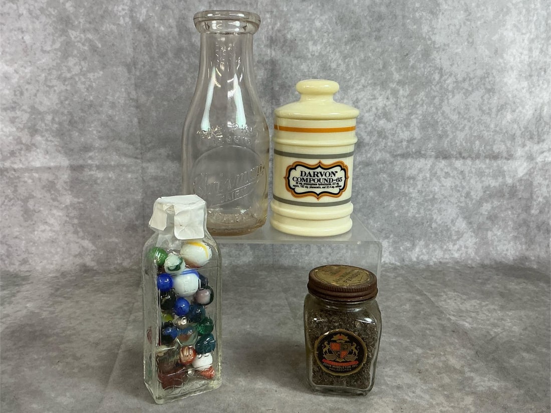 Vintage Glass Bottles & Jars: Four vintage collectible containers. Chrisman milk bottle from Christiansburg VA, and Dr Ellis Wave Set barber fluid bottle filled with vintage marbles. Includes Darvon Compound-65 apothecary jar
