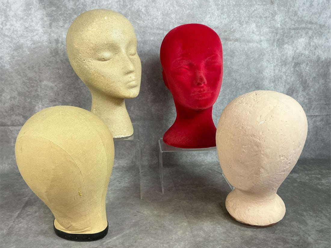 Hat & Wig Forms: Four early to mid 1900's head forms. Fabric millinery form, red velvet flocked form, and styrofoam forms used for wigs, hats, and displaying accessories. Light stains on fabric head and scratches on